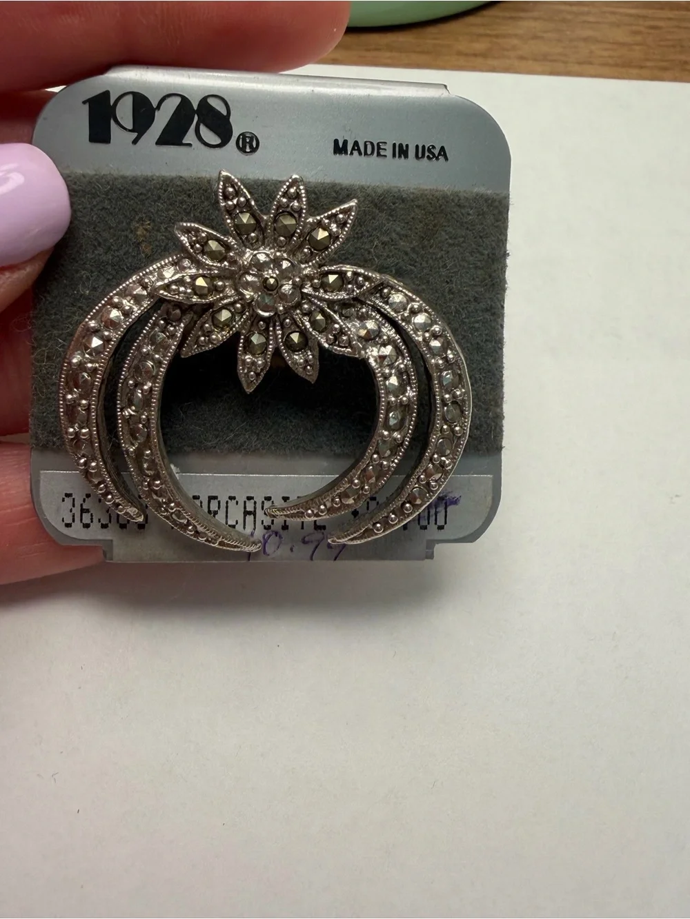Art Deco 1990s Vintage Marcasite Ornate Crescent Brooch